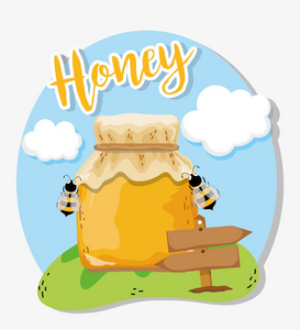 农场新鲜蜂蜜蜜蜂可爱卡通矢量图平面设计