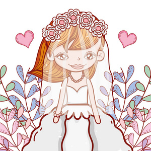 有婚纱的女孩婚姻和心矢量插图