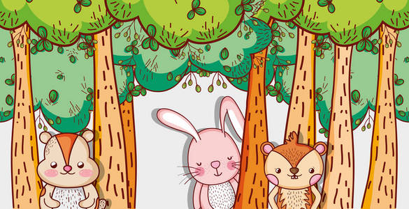 森林漫画中可爱的动物矢量图平面设计