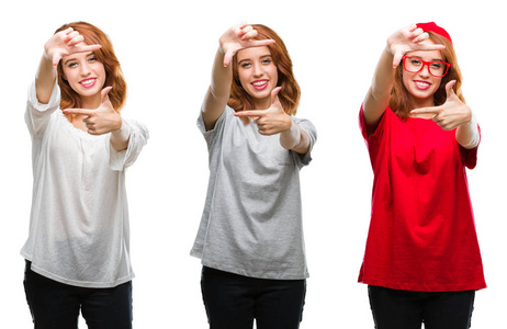 年轻美丽的红头发女人拼贴在孤立的背景上，用手和手指用快乐的脸制作框架。 创造力和摄影理念。