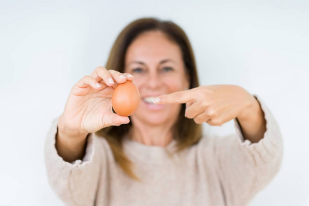 中年妇女拿着新鲜的鸡蛋在孤立的背景下非常高兴地用手和手指指着