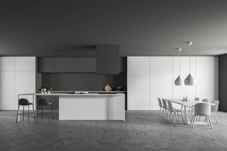 现代厨房内部有灰色的墙壁，石头地板，灰色的台面，白色的酒吧，凳子和长的白色桌子，椅子。 3D渲染