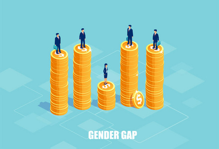 性别差距和薪酬差异概念。 商人和商人在不同高度的硬币上的矢量。 公司生活中歧视和不公正的象征。
