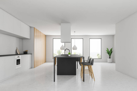 侧视图的现代厨房与白色墙壁，石头地板，白色台面，木制橱柜和灰色酒吧与凳子。 3D渲染