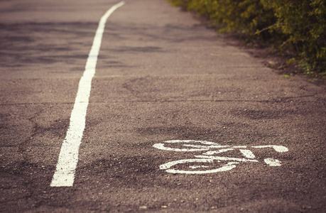 公园里沥青上分开的自行车道。 白色自行车符号和直线绘制在地面上，以显示自行车的方向。 没有模型