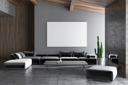 客厅内部有灰色和木制墙壁，瓷砖地板，长灰色沙发，靠近咖啡桌和壁炉。 横向海报。 3D渲染模拟