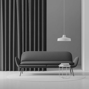 极简主义客厅的内部有灰色的墙壁，白色的地板，深灰色的窗帘和深灰色的长沙发，站在咖啡桌附近，有书。 3D渲染