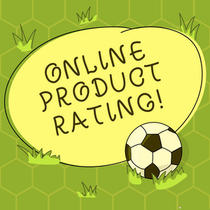 显示在线产品评级的概念手写。商业照片展示对电子商务和在线产品的反馈足球球在草和空白圆形照片
