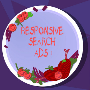 显示响应式搜索广告的文本符号。概念照片增加您的广告显示手绘羔羊排骨草本香料樱桃番茄在空白色板上的可能性