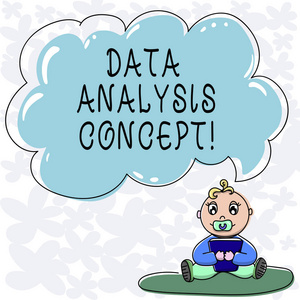 显示数据分析概念的概念手写。商业照片文本评估数据使用分析和逻辑推理婴儿坐在地毯与安抚器书和云语音气泡