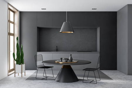 现代厨房内部有灰色和白色的墙壁蜂窝图案地板灰色台面和带金属椅子的圆形黑色桌子。 3D渲染