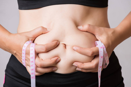 胖女人的手拿着过量的腹部脂肪与测量磁带。 保健和妇女饮食生活方式的概念，以减少腹部和塑造健康的胃肌。