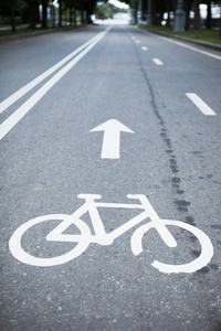 公园里的自行车道。 自行车符号涂在沥青上。骑自行车通道，用于生态和健康的城市交通。 安全循环