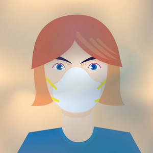 妇女戴白色面具的肖像，以防止烟雾黄昏PM2.5空气污染的城市。