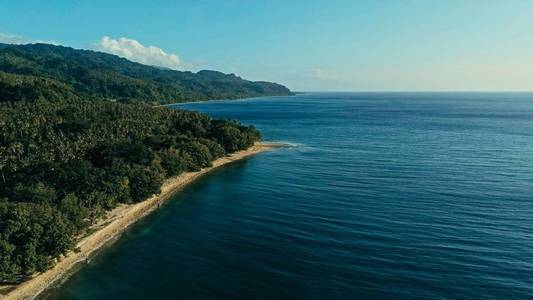空中无人机图片一个遥远的南太平洋岛屿与沙滩海岸和美丽的海洋海景和郁郁葱葱的热带雨林