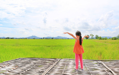 小亚洲女孩的后景伸展手臂，放松在年轻的绿色稻田与山和云的天空。