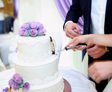 新娘和新郎切割自己的婚礼蛋糕