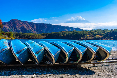 秋季环湖枫叶树的富士山美景