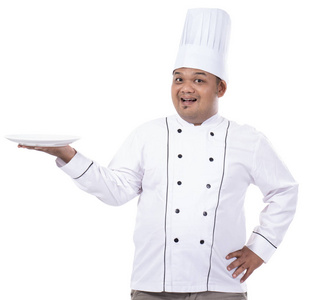 厨师的肖像举行与手的板, 而微笑的脸