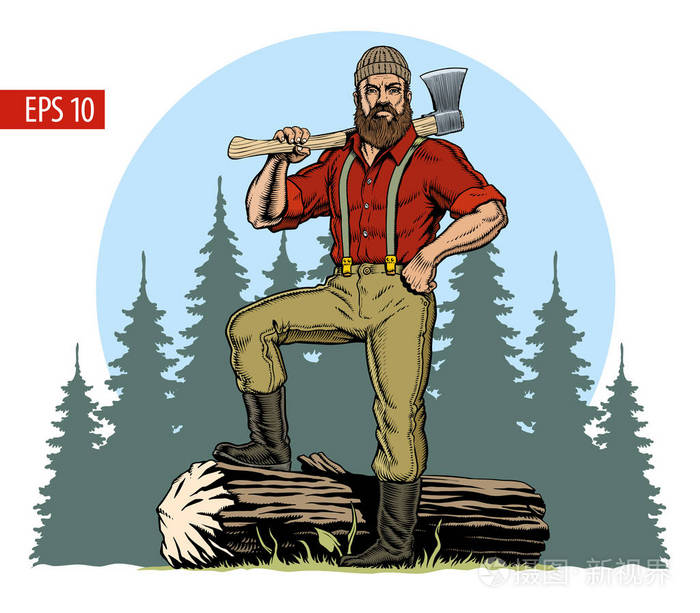 插画 伐木工人有斧头和砍伐的原木森林背景. 漫画风格矢量插图.eps