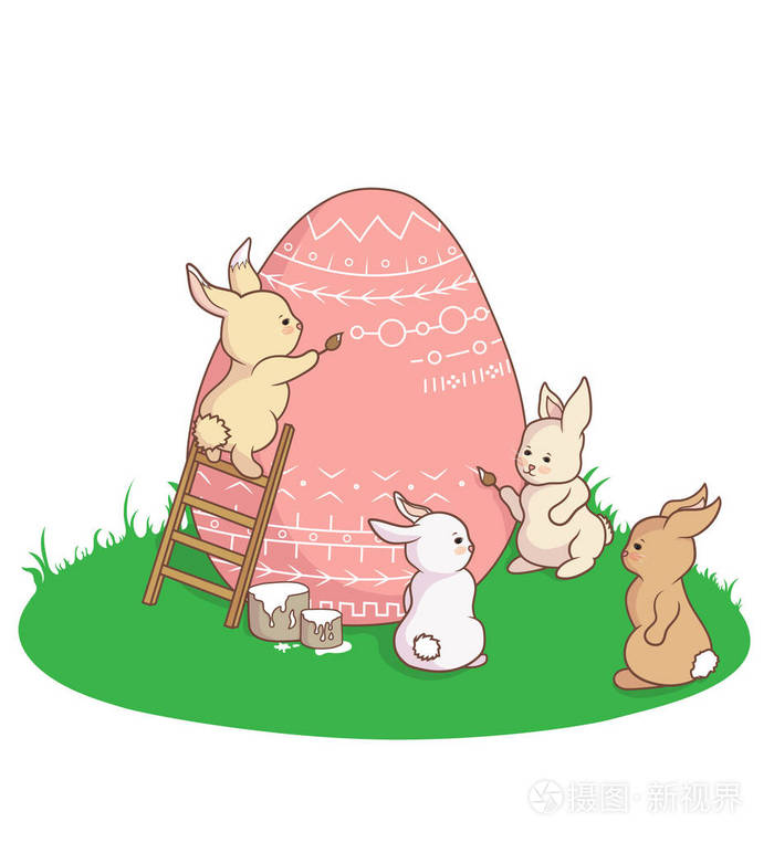 有趣可爱的复活节兔子艺术家绘画和着色复活节彩蛋与油漆刷.