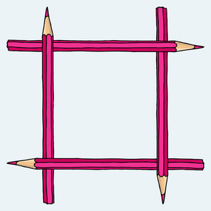文具手绘矢量涂鸦插图空白框。方形粉红色蜡笔铅笔边界隔离在白色。教育背景。