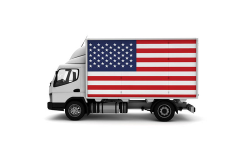 带有美国国旗的送货货车。 物流概念