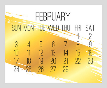2019年2月矢量月现代日历。 从星期天开始的一周。 当代金色笔触超过白色设计。