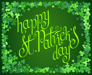 s day greeting card over scattered clover leaves background. Iri