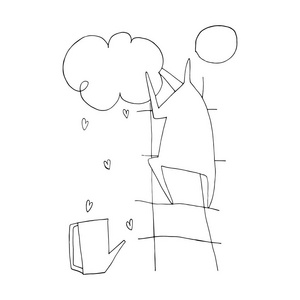 手矢量轮廓贴图形插图。人在梯子上触摸云。人物。 可作为卡片邀请的纹理，DIY项目网站