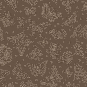 无缝图案，蝴蝶和花朵轮廓，棕色背景上的米色轮廓