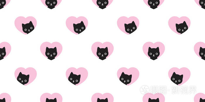 猫无缝图案心矢量情人节小猫头花萼黑色围巾孤立重复壁纸卡通瓷砖背景