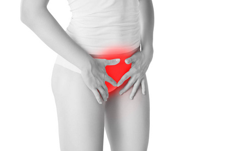 女人月经痛胃痛分离白色背景痛区突出红色