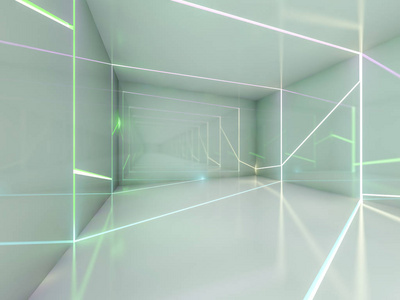 抽象现代建筑背景空旷开放空间内部。 3D渲染
