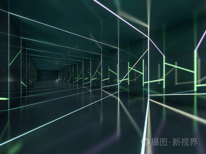 抽象黑暗的现代建筑背景,空旷的开放空间内部. 3d渲染