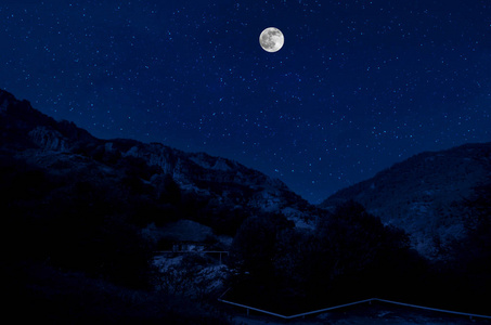 美丽的夜景，有繁星的夜山和森林。 夜晚的森林，有绿色的草地和山脉，在明亮的繁星之夜或银河的景色中