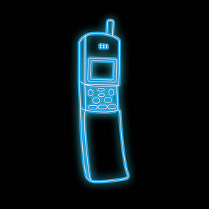 美丽的抽象霓虹灯明亮的发光图标, 一个招牌从一个古老的复古手机天线和按钮从 70年代, 80年代, 90年代和复制空间上的黑色背