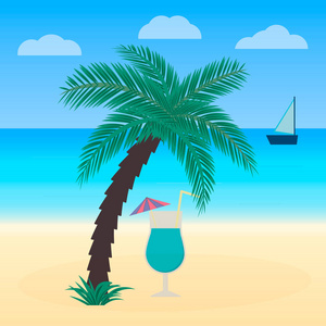 暑假。在热带海滩放松。一杯棕榈树下的鸡尾酒。假期矢量插图。易于编辑设计模板为您的艺术作品，网站，社交媒体等。