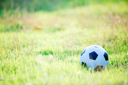 日落光线下的一个街头足球球。草地上的足球