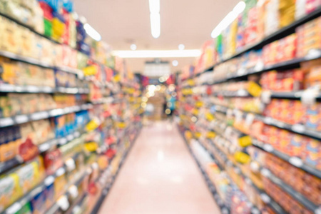 超市杂货店消费品的抽象离焦模糊。 商业零售和客户购物中心服务。 运动模糊的概念。