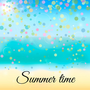 夏季矢量背景与热带海滩海洋和天空。 模糊的波克和五颜六色的纸屑背景。 假期和放松的概念。 易于编辑设计模板为您的艺术作品。