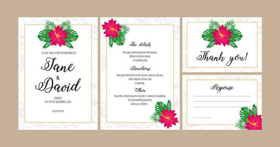 婚礼请柬设置花卉矢量插图。 卡片设计，邀请，问候婚礼。