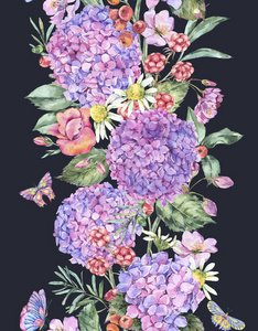 水彩夏季无缝边界与粉红色绣球菊甘菊浆果，野花，黑莓和蝴蝶。 黑色背景的天然花卉插图