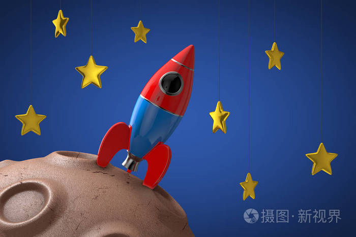 玩具火箭在太空中的抽象星球上,蓝色背景上有金色的星星 3d渲染
