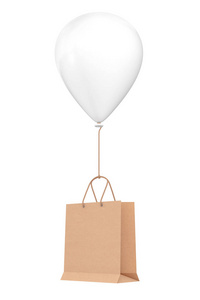 棕色再生纸购物袋漂浮在白色背景上的白色黑气球。 3D渲染