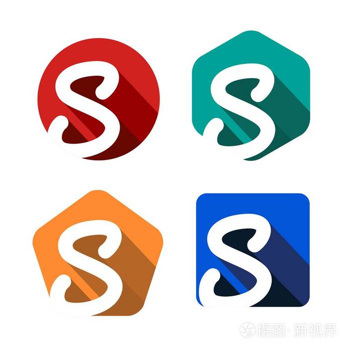 创造性的手写白色字母s刻在一个圆圈正方形五边形六边形与下落的阴影