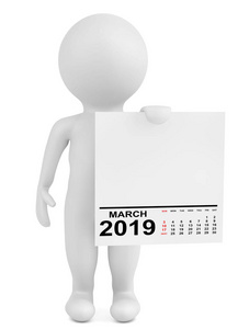十二月举行日历2019年3月在白色背景。 3D渲染