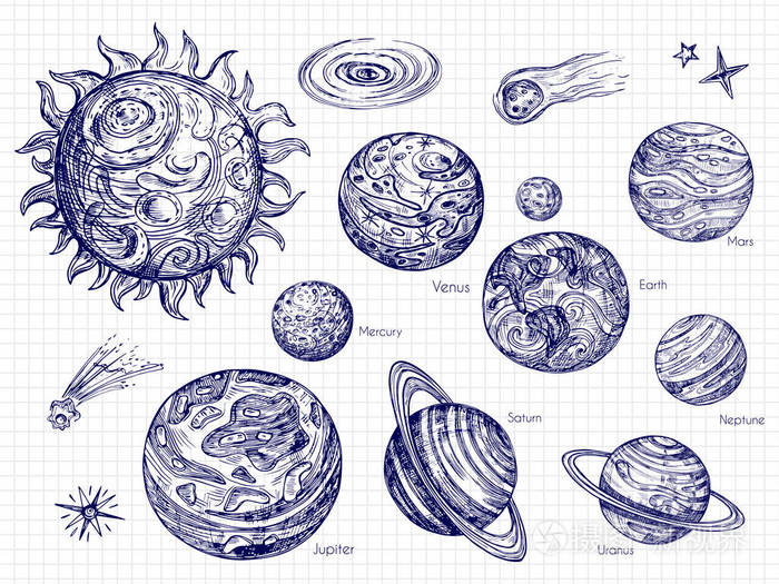 手绘太阳系与空间元件矢量设计