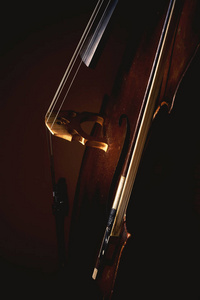 一个古老的尘土飞扬的大提琴的一部分，旧木头和弦的细节强调了黑暗中的形状。