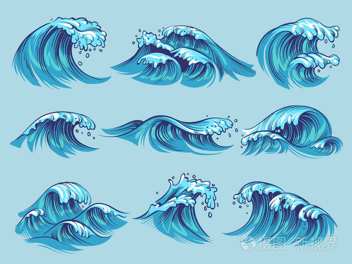 手绘海浪.素描海潮蓝波浪潮溅手画冲浪风暴波浪水涂鸦复古集合
